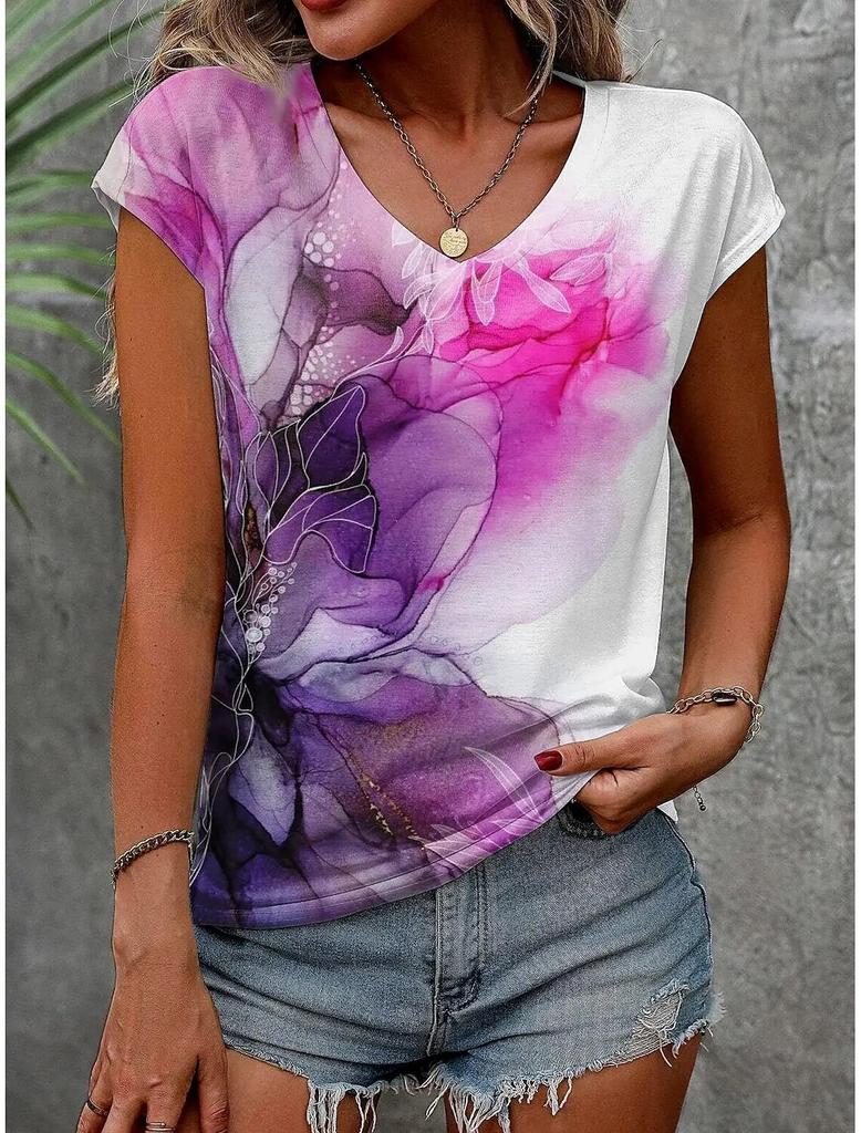 Женские футболки с цветочным узором и 3D принтом, новая летняя повседневная женская одежда с v-образным вырезом и коротким рукавом Harajuku Y2K, одежда в стиле хип-хоп