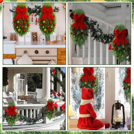 1/2 шт. Рождественский каплевидный сваг-венок с зеленью норфолкской сосны, сваг для лестницы, красный бант, шары, зимняя рождественская подвесная гирлянда для украшения