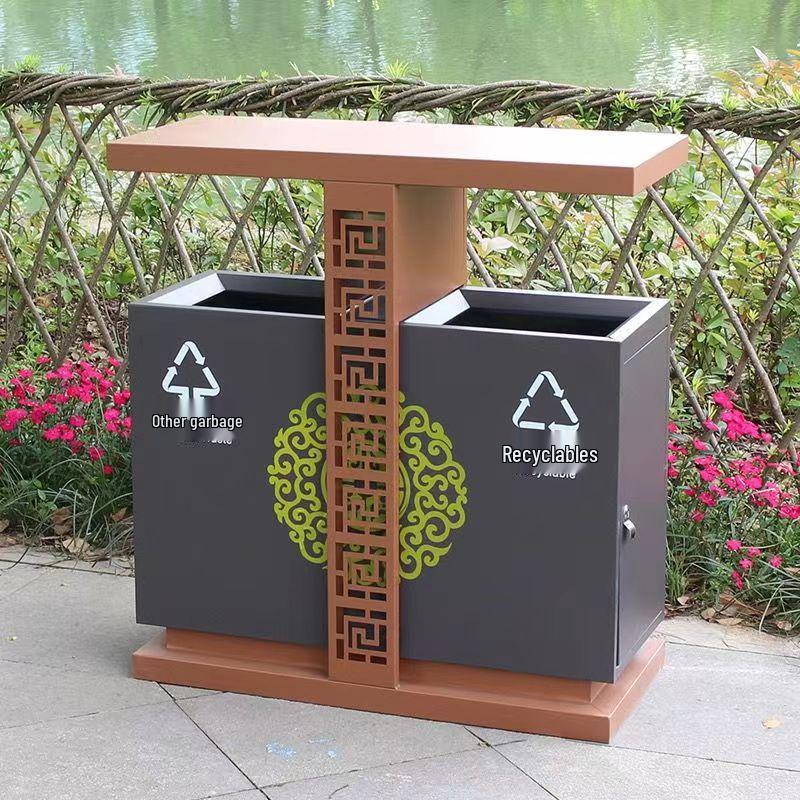 Stainless Steel Outdoor Waste Sorting Bin - Two-Compartment, Eco-Friendly, Large Size for Community or Commercial Use