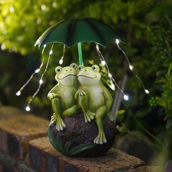 Лягушка-пара, солнечный свет, прочная конструкция из смолы, водонепроницаемая, устойчивая к ультрафиолетовому излучению, скульптура лягушки, держащей зонтик, со светодиодной подсветкой