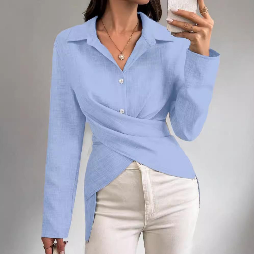 Женская осенняя простая модная универсальная однотонная рубашка с приталенной талией