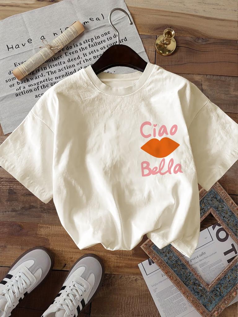 90s Ciao Bella Letter Print Y2k 100% Cotton Women's T-Shirt Soft Crew Neck Short Sleeve Top Graphic Tee Shirt