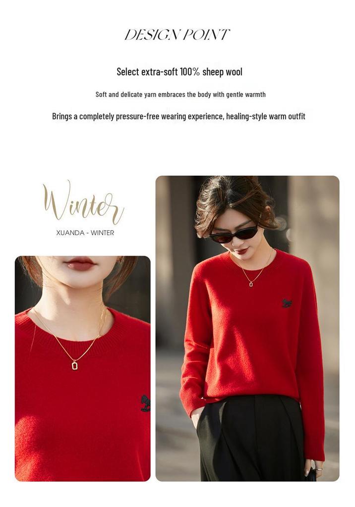Women's 2026 Year of the Horse Red Wool Sweater - Lucky Knitwear