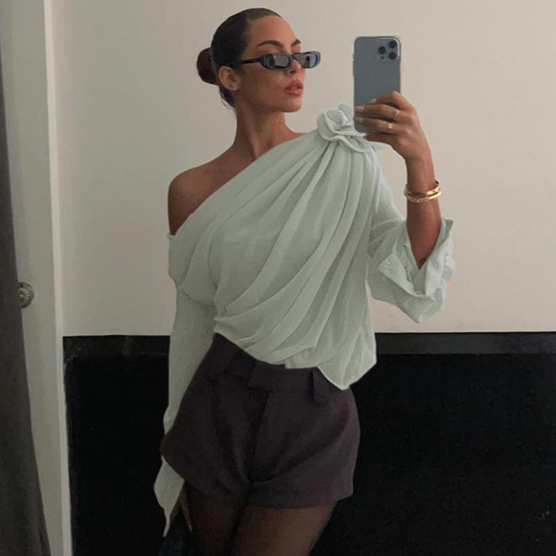 Осень 2023 Женский шифоновый облегающий модный топ на одно плечо