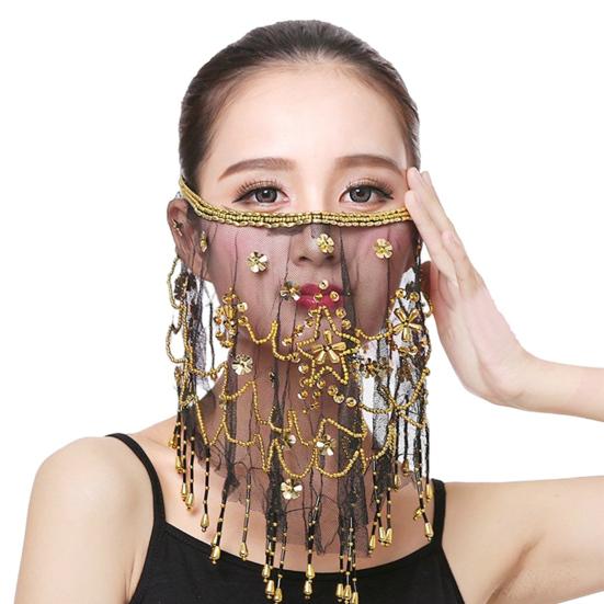 Performance Veil Flower Sequins Beads Decor See-through Lace Belly Dance Tribal Face Veil Breathable Fabric Adjustable Strap Indian Dance Veil