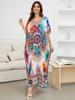 2024 Bohemian Chic Printed Batwing Sleeve V-образный вырез с разрезом по бокам Макси-платье Женская летняя одежда Пляжная одежда Купальный костюм Накидка Q1594