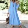 Женская мода V-образный вырез длинный рукав карман однотонный молния повседневный отпуск длинные хлопково-льняные платья