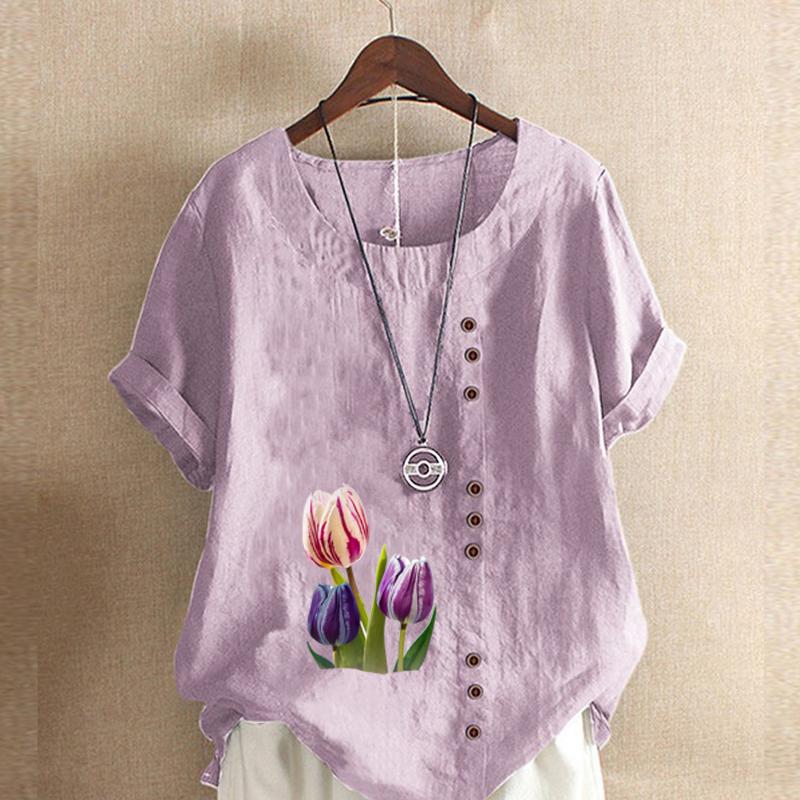 Women's Fashion Round Neck Short Sleeve T-shirt Casual Cotton Linen Graphic Shirt Tulips Prined Summer Blouse Tops