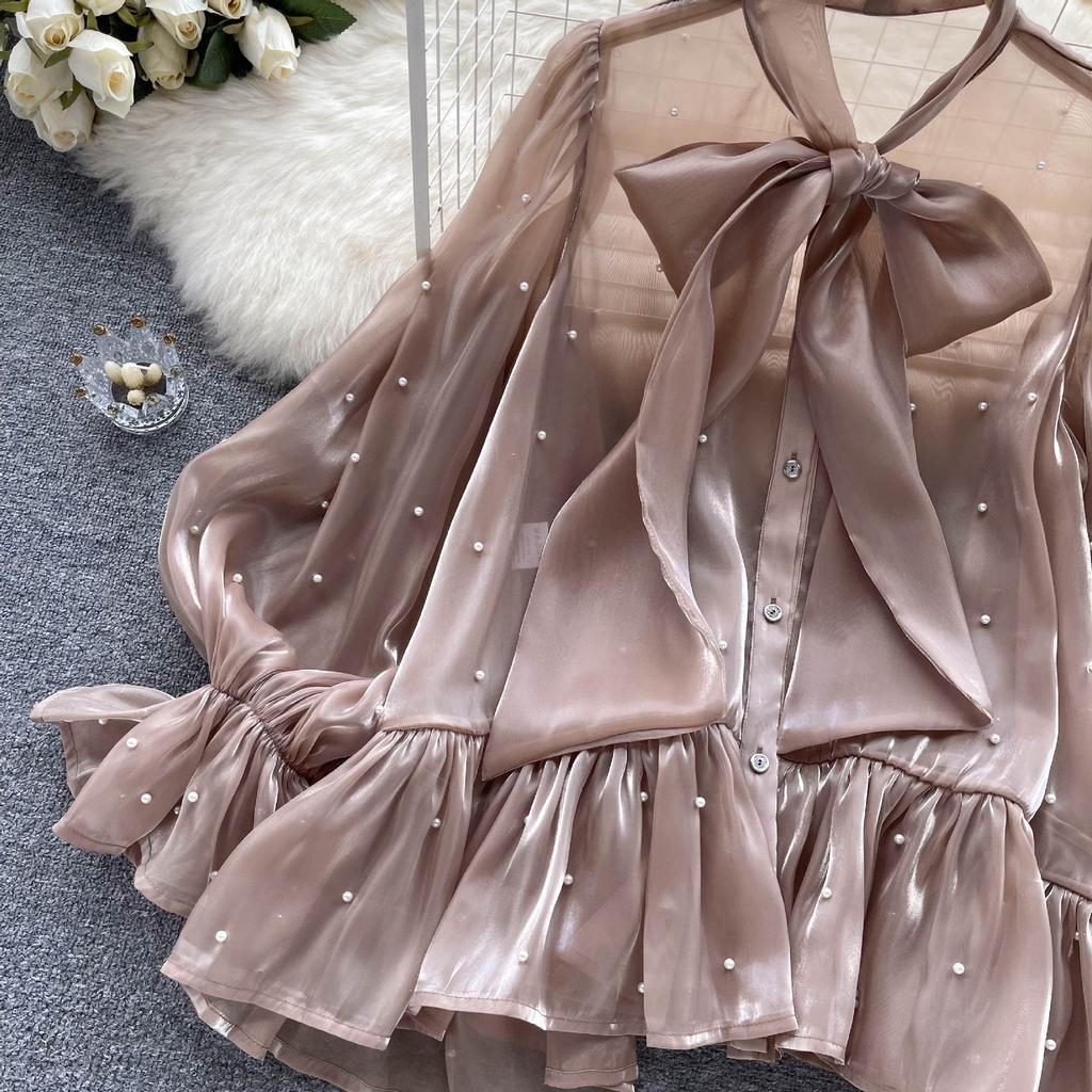 Premium Sense of Niche Design Sense Beading Bow Flare Sleeve Shirt Autumn Women's Clothing Celebrity Temperament Shirt