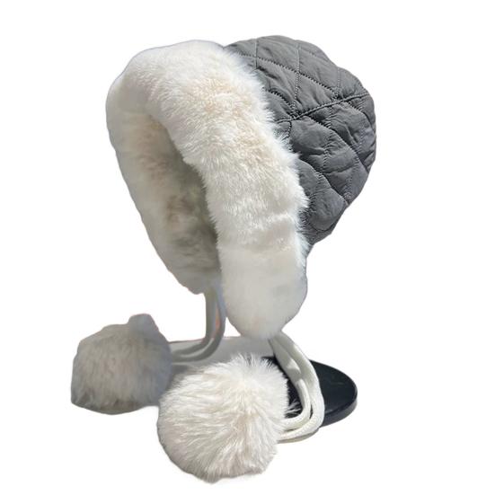 Женская стеганая шапка Зимняя теплая шапка с милым помпоном Защита ушей Пушистая шапка со шнурком для осени и зимы для улицы и повседневной носки