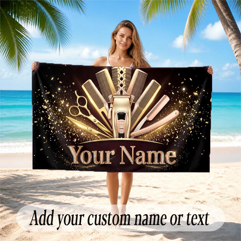 Barber Salon Theme Quick Dry Beach Towel Custom Name Text Print Large Sand Resistant Towel Beach Vacation