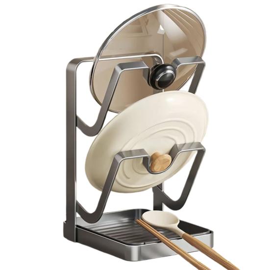 Держатель крышек для кастрюль на столешницу во время готовки, кухонный органайзер для крышек кастрюль с подставкой для ложки, стойка для хранения крышек сковородок из углеродистой стали с поддоном для капель для крышек кастрюль