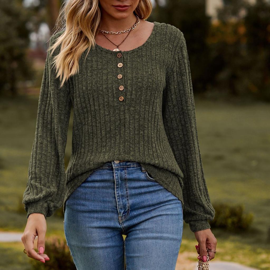 Женская осенняя трикотажная футболка-фонарик с длинным рукавом и круглым вырезом на пуговицах, однотонный ребристый трикотажный пуловер, повседневные топы