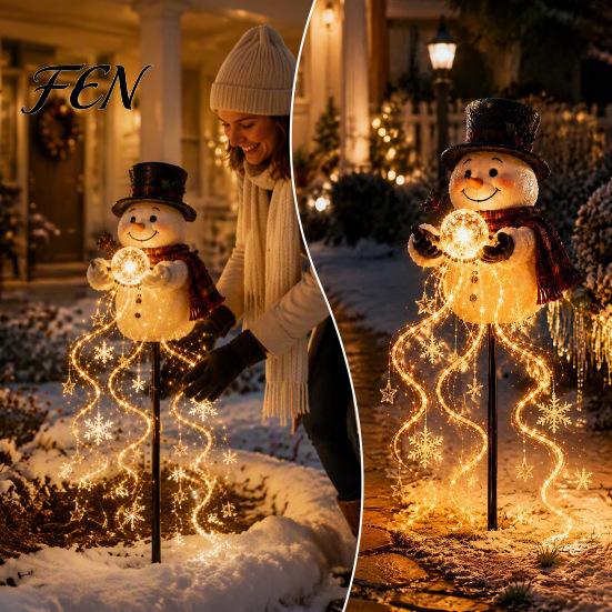 Weather Resistant Garden Decor Solar Snowman Light with Flowing Snowflakes, LED Christmas Waterfall Theme Yard Art Lighting Star, Weatherproof Outdoor
