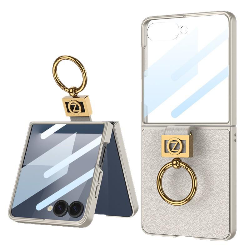 Samsung Z Flip7 Ультратонкий Премиальный Кожаный Чехол-Кольцо - Элегантный, Однотонный Защитный Чехол
