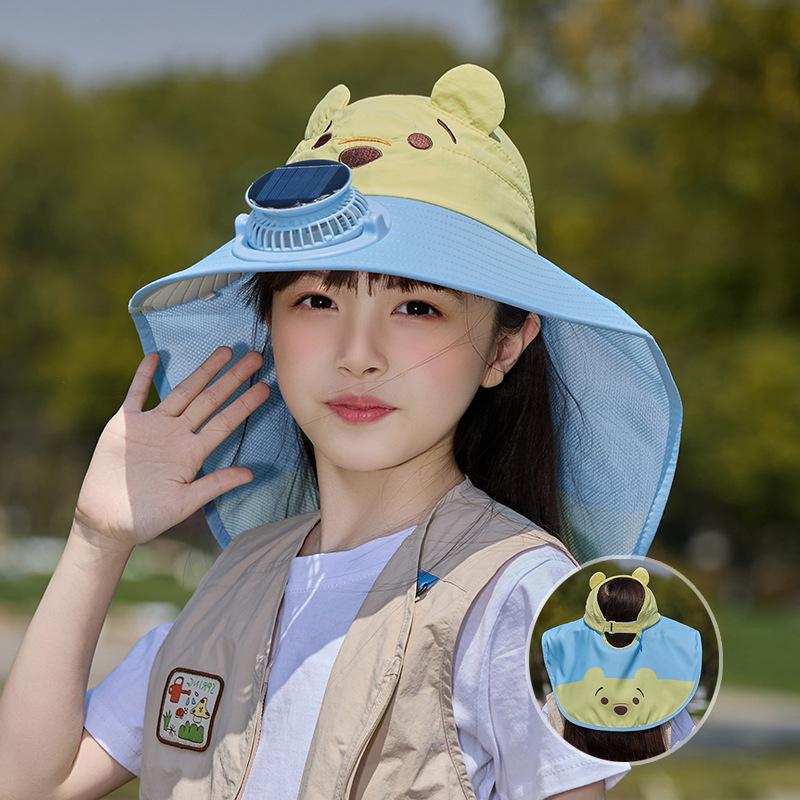 Children's Hat Summer Outdoor Sun Hat Cartoon Cute Solar Fan Hat Big Eaves Shawl Empty Top Sun Protection Hat