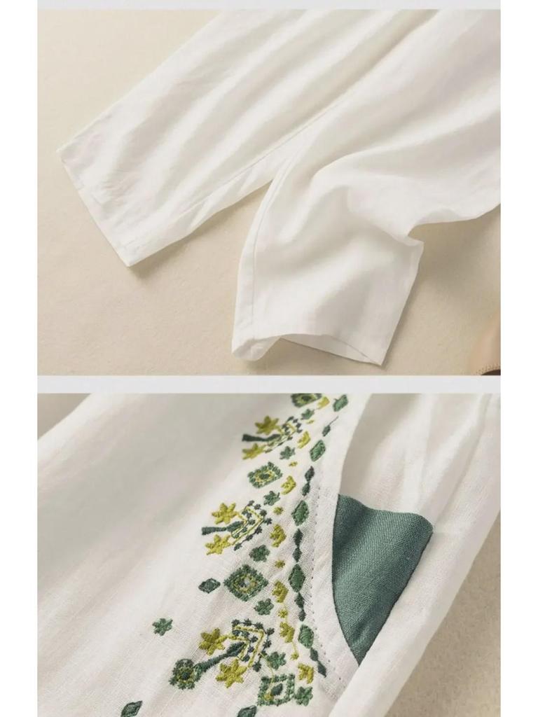 Женские брюки-морковки из хлопка и льна с вышивкой в стиле ретро 2024 года: Повседневный свободный фасон в стиле «шаровары» для весны, лета и осени.