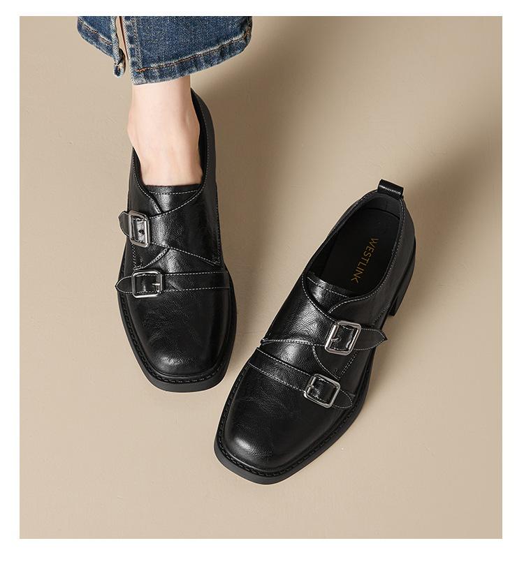 Retro Double Button Thick Heel Loafers for Women