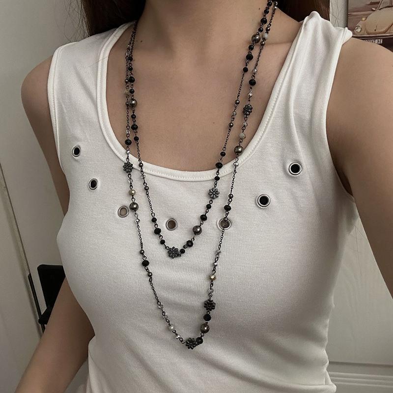 New Flower Glass Beaded Double Layered Stacking Chains Necklaces for Women Temperament Vintage Sweater High-end Fashion Jewelry