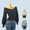 French Style Temperament Fall and Winter Square Collar Slimming Slim and Sexy off-Shoulder Short Knitted Long Sleeve Sweater Base Tops Women