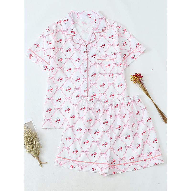 Летний женский топ с короткими рукавами и шорты, комплект из 2 предметов, пижама женская, модная, повседневная, свободная, с бантом, кардиган, пижама, комплект
