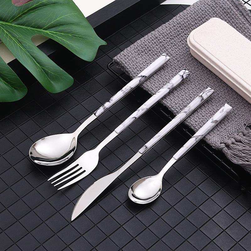 Нержавеющая сталь Высококлассная столовая посуда Мраморная ручка Серебряная десертная столовая ложка Западный нож для стейка Вилка Кухонные столовые приборы Посуда