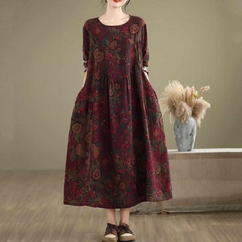 Длинный рукав Большие размеры Хлопок Лен винтажные цветочные новинки в платьях для женщин повседневное свободное платье весна-осень