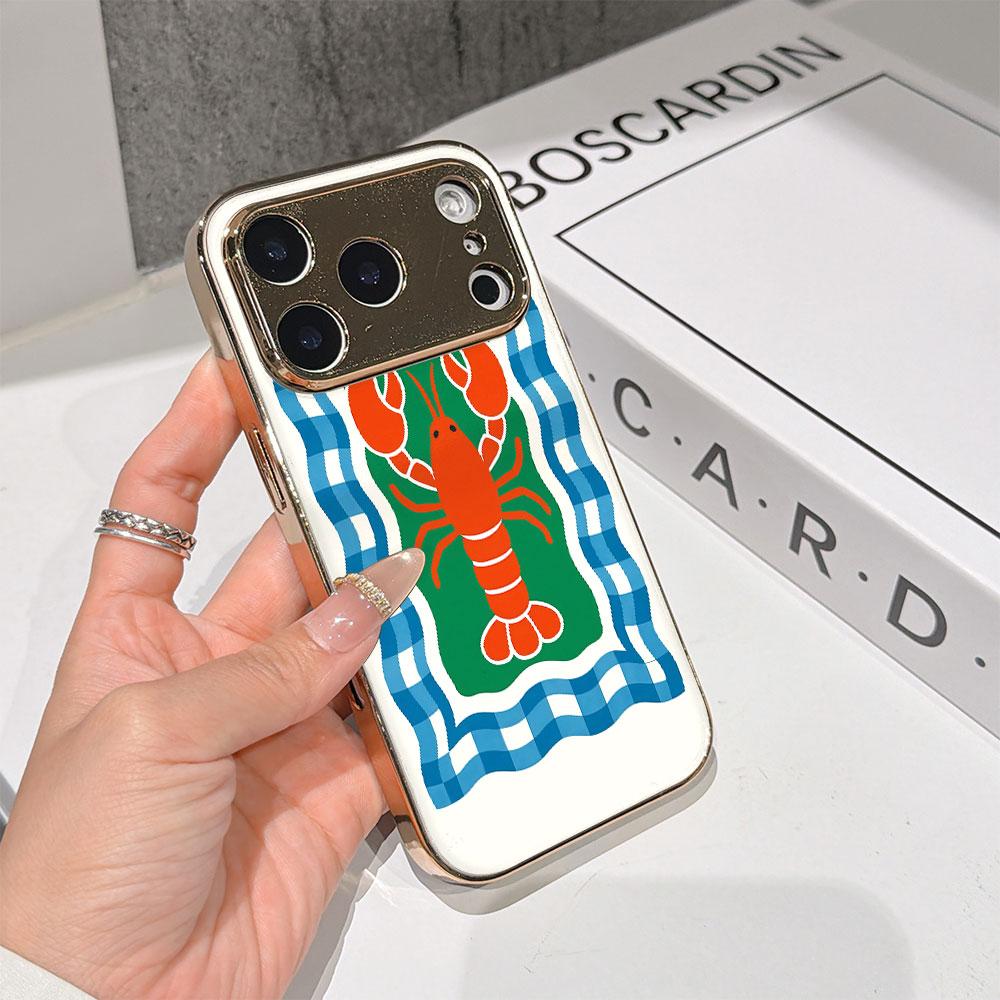 Lucky Start Phone Case For iPhone 17 16 15 14 13 12 Pro Max 16E Gold Electroplated glass shell Checker Lobster Nautical Art Cover