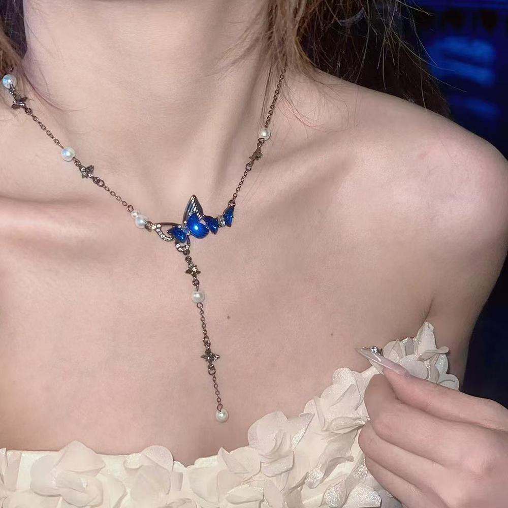 Blue Zircon Butterfly Tassel Necklace New Imitation Pearl Chain Y2K Design Creative Popular Collarbone Chain Women's Jewelry