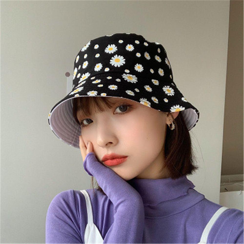 Women Men Casual Outdoor Sunscreen Sun Hat Double-Sided Bucket Hat Daisies Fisherman Cap Foldable