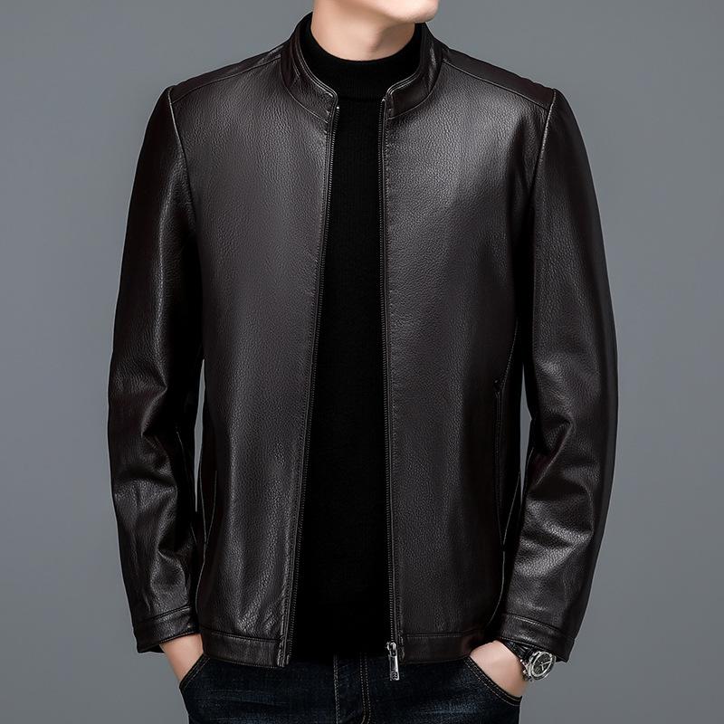 Куртка из натуральной кожи для мужчин, большого размера, для молодежи и среднего возраста, мужская куртка из овчины в корейском стиле, приталенная, свободная, с воротником-стойкой, кожаная куртка