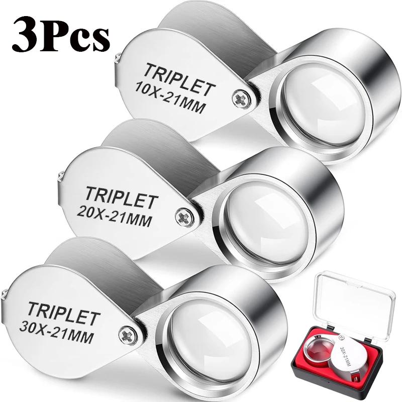 Portable Foldable Jeweler Loupe 10/20/30X Triplet Magnifier Pocket Magnifying Glass for Diamond Gem Jewelry Identification