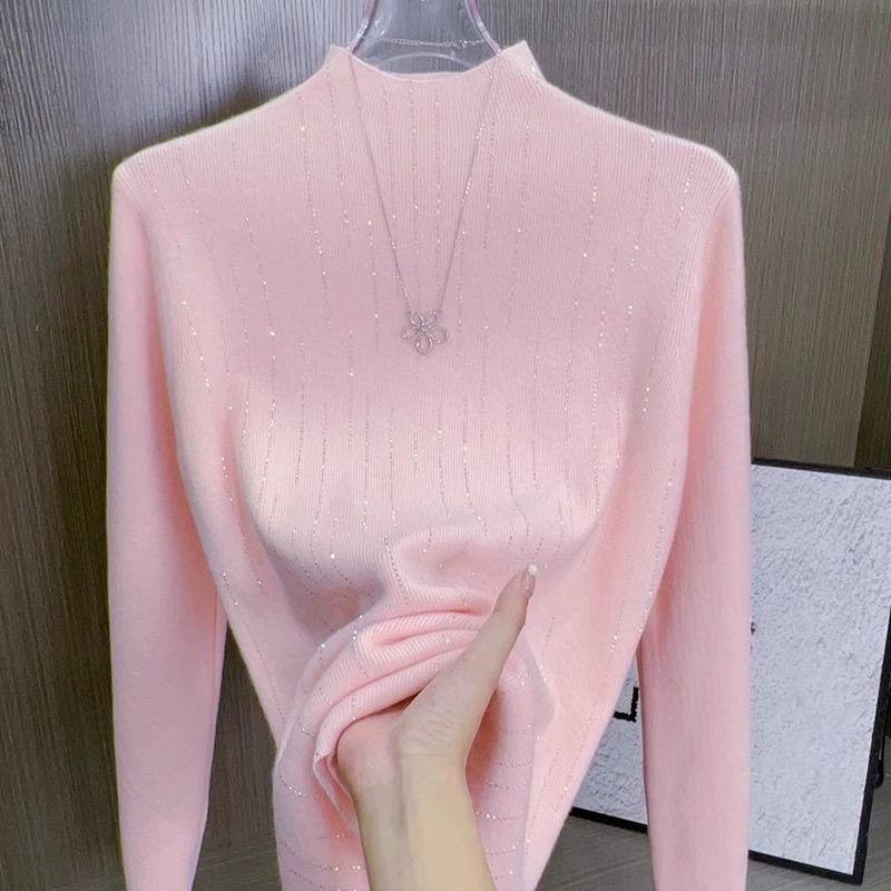 Women's Half Turtleneck Rhinestone Sweater Pullover Stretch Knit Sweater Slim-Fit Long Sleeve Knit Top  Autumn  Winter