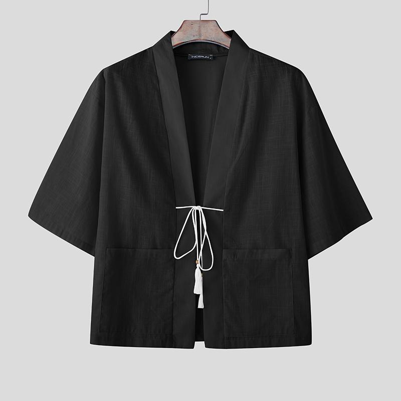 INCERUN Винтажный мужской летний кардиган с рукавами 3/4 и шнуровкой, кимоно с открытым передом