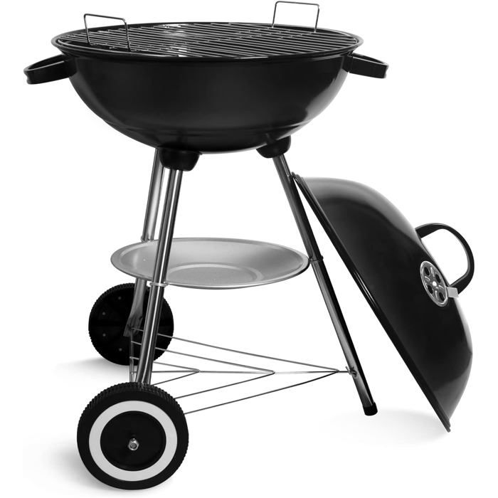 SunJas Barbecue a Charbon Rond, BBQ Mobile Barbecue Grill Portable De Jardin, Avec Couvercle Et 2 Roues - 46 44 70cm