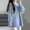 Soft Waxy Blue V-neck Fried Dough Twist Sweater Knitted Pullover Women Autumn Winter Loose Sweater Pullover