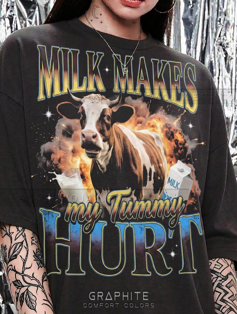 Milk Makes My Tummy Hurt Cow Meme Lactose Intolerance Comfort Colors® Tshirt, Funny Animal Explosion 90S Retro Bootleg Vintage Graphic Tees,