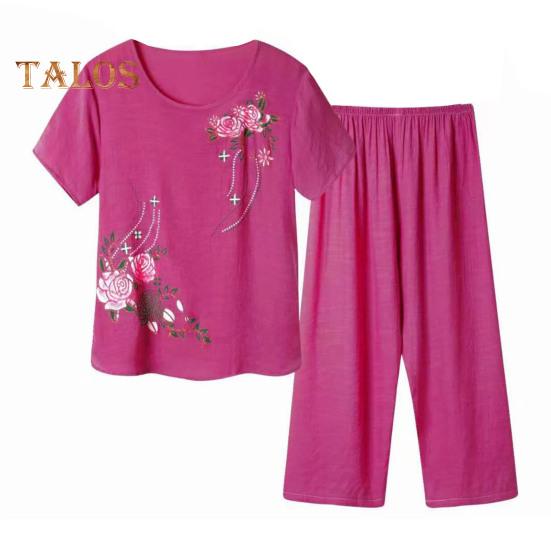 2 шт./компл., женская футболка, брюки, комплект домашней одежды, однотонный цветочный принт, круглый вырез с коротким рукавом, топ с широкими штанинами и эластичной резинкой на талии, свободные брюки, пижамы