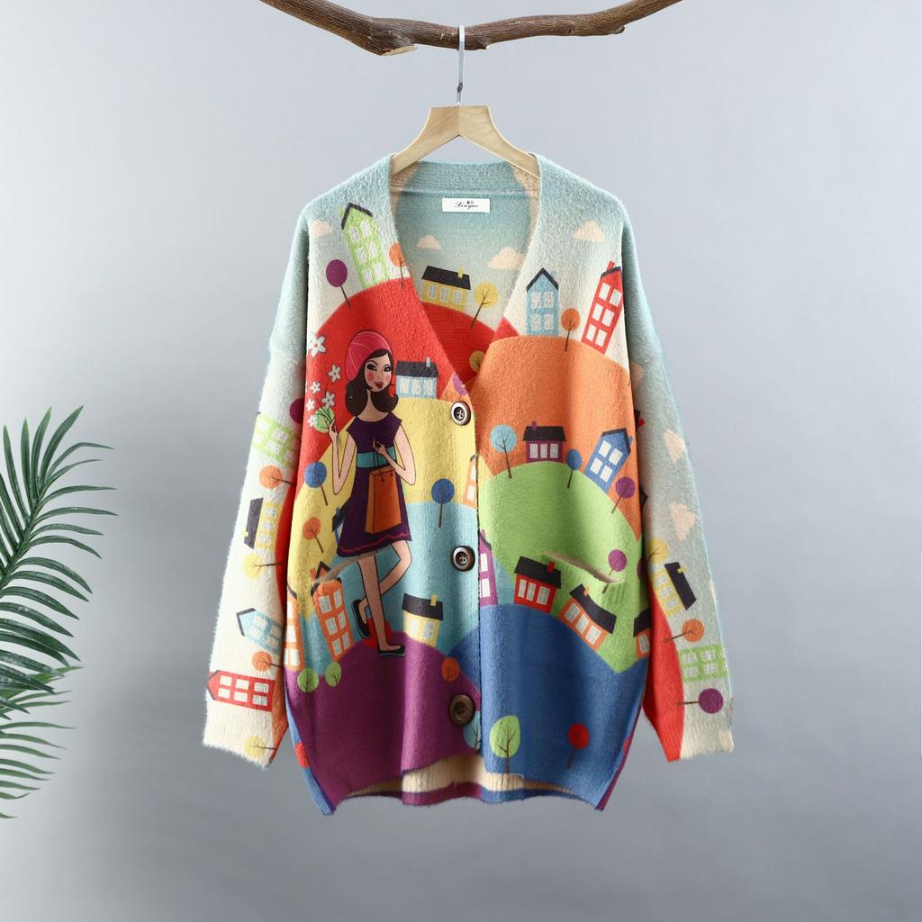 Новые осенние свитера больших размеров, кардиганы, большие размеры, женские узоры, цветочные мультяшные принты, свитера, вязаные свободные свитера