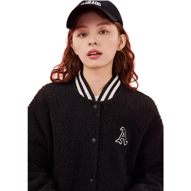 ANTA Life Collection Baseball Jackets Women's Black Baseball Collar Thickened And Fleece Lined 962348709-2