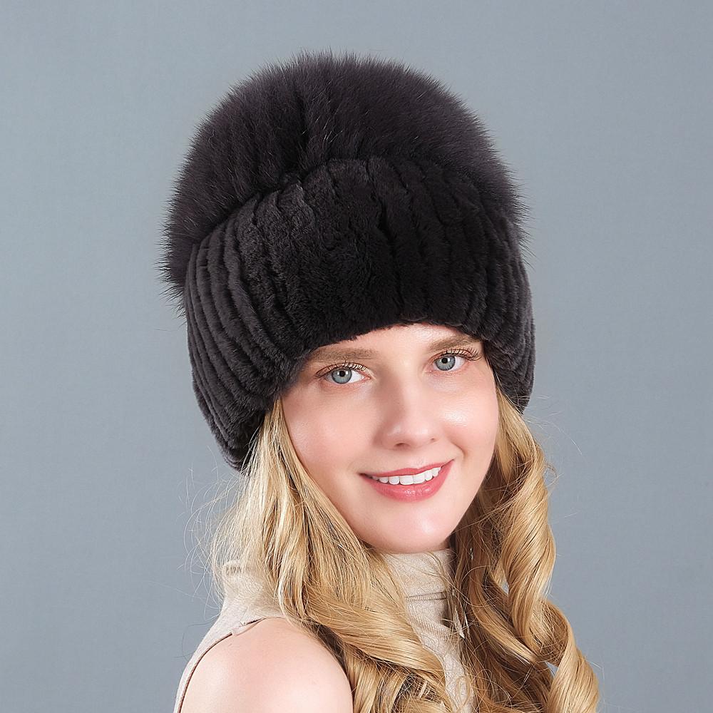 New Style Women Real Genuine Fox Fur Beanies Hat Girls Natural Real Rex Rabbit Fur Skullies Cap Knit Winter Real Fur Hats