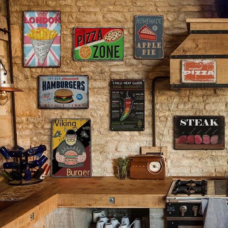 Hot Dogs Burgers Pizza Metal Signs Vintage Posters Kitchen Wall Decoration Tin Sign Bar Home Decor Metal Plaques Art Painting