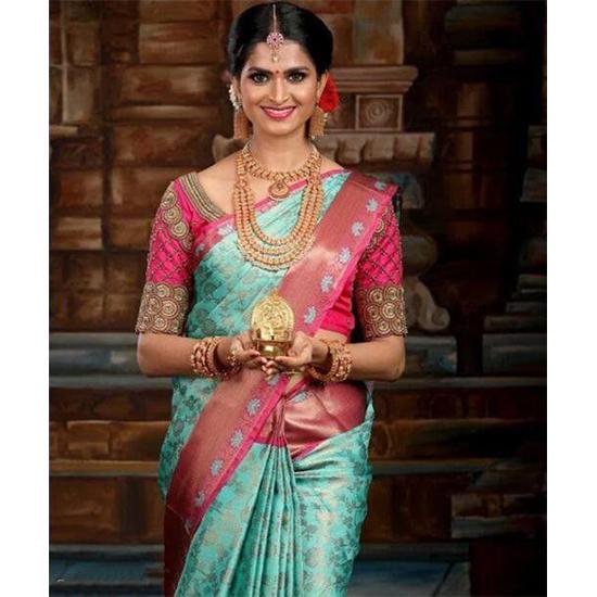 Индийское традиционное мягкое шелковое сари личи с жаккардовым плетением