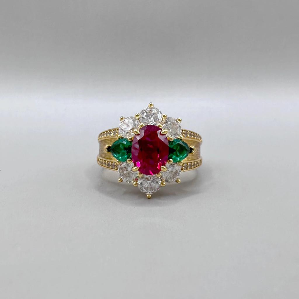 Elegant Handcrafted Gold Plated Adjustable Emerald And Ruby Ring For Women