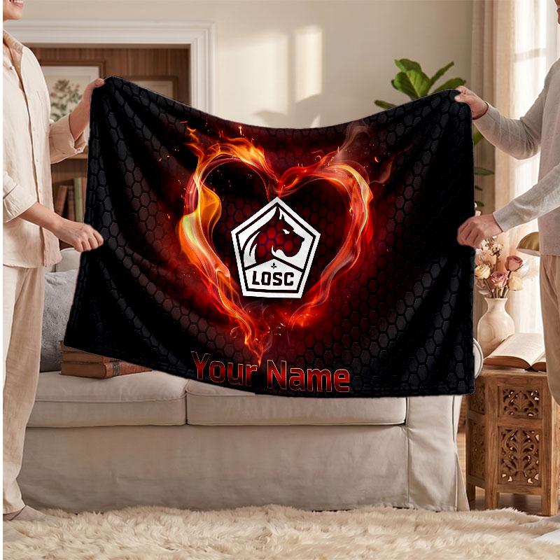 LOSC Lille FC Personalized Fleece Blanket With Football Logo, Custom Name Text Soft Warm Home Throw Blanket