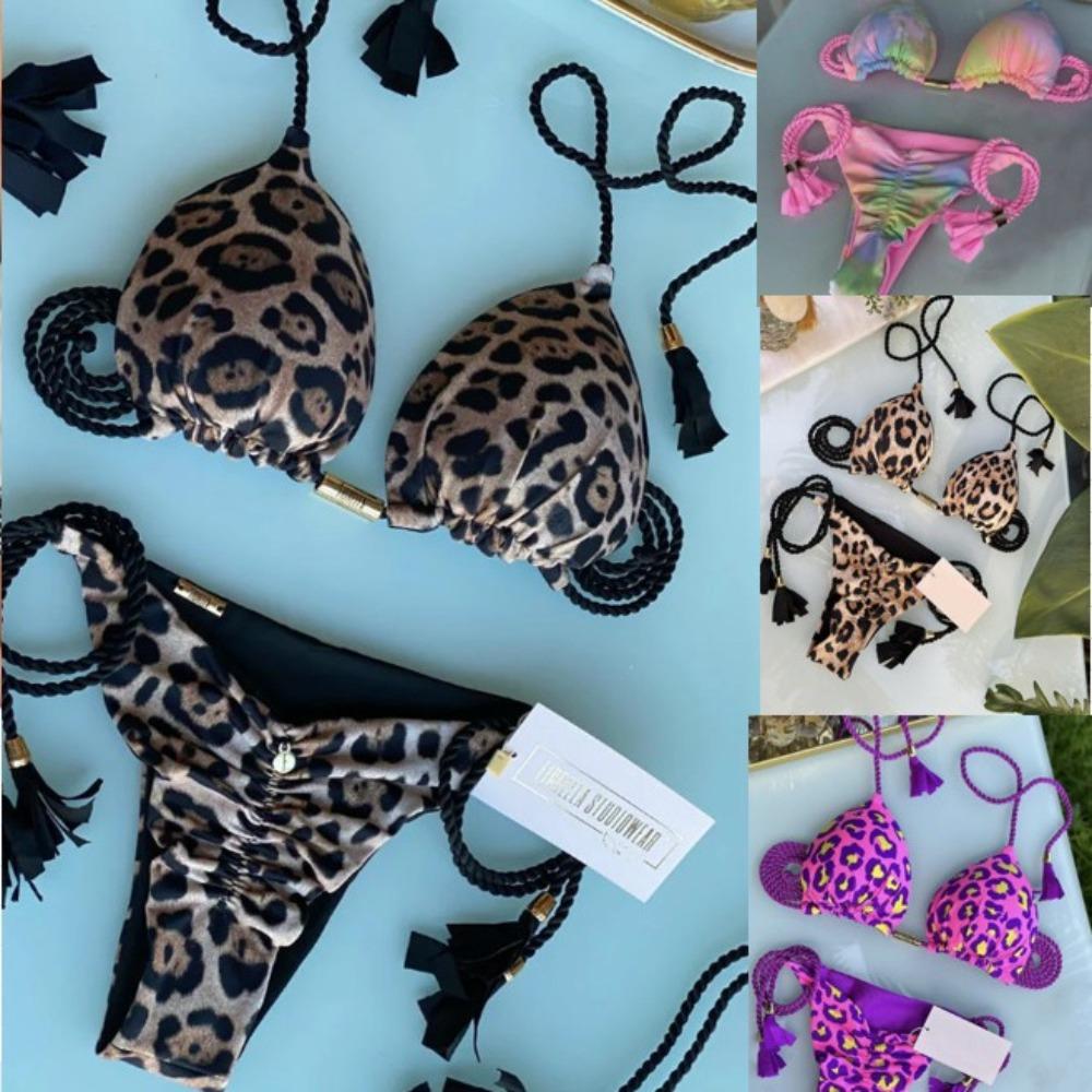 Европейский и американский женский купальник-бикини с треугольной сумкой, плетеный, однотонный, сексуальный, с бахромой и подвеской