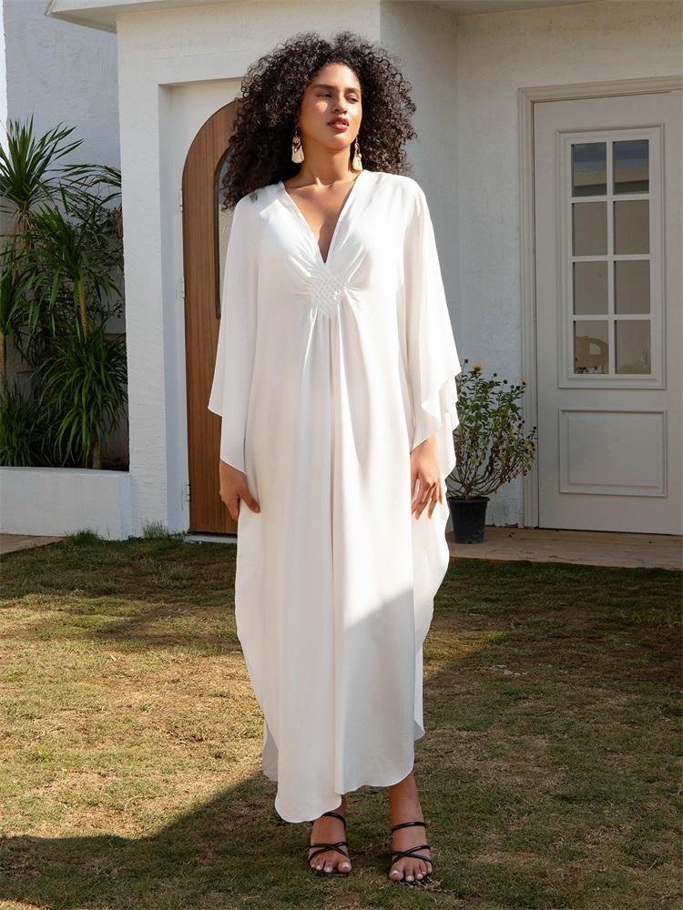Sexy Vacation White Beach Maxi Dress Women's Hand-knit V-neck Batwing Sleeve Plus Size Kaftan 2024 Summer Beachwear Swimsuit Cover Up Q1306