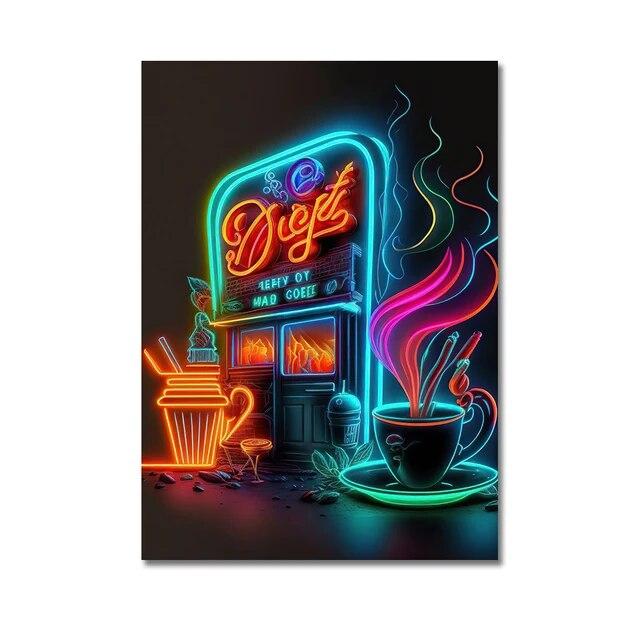 Неоновый арт, пицца, гамбургер, кофе, мороженое, плакат, настенная живопись на холсте, печатные изображения, ресторан быстрого питания, клубный бар, домашний декор без рамки