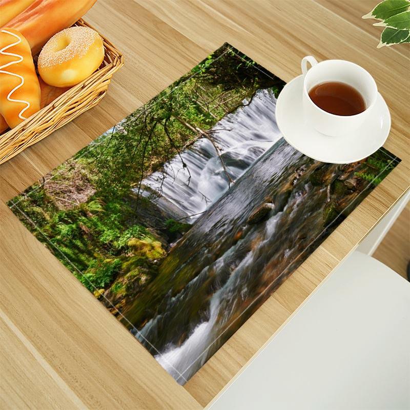 Natural Waterfall Print Linen Dining Table Mats Alphabet Kitchen Placemat 30X45cm Coasters Pads Bowl Cup Mat