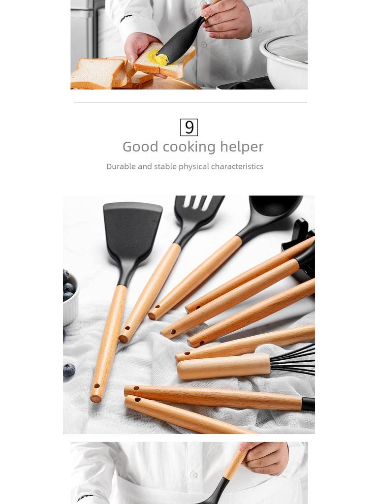 Набор из 12 сковородок с антипригарным покрытием и деревянными ручками: Включает кастрюлю, лопатку, ложку для супа и лопатку для жарки - Силиконовые кухонные принадлежности